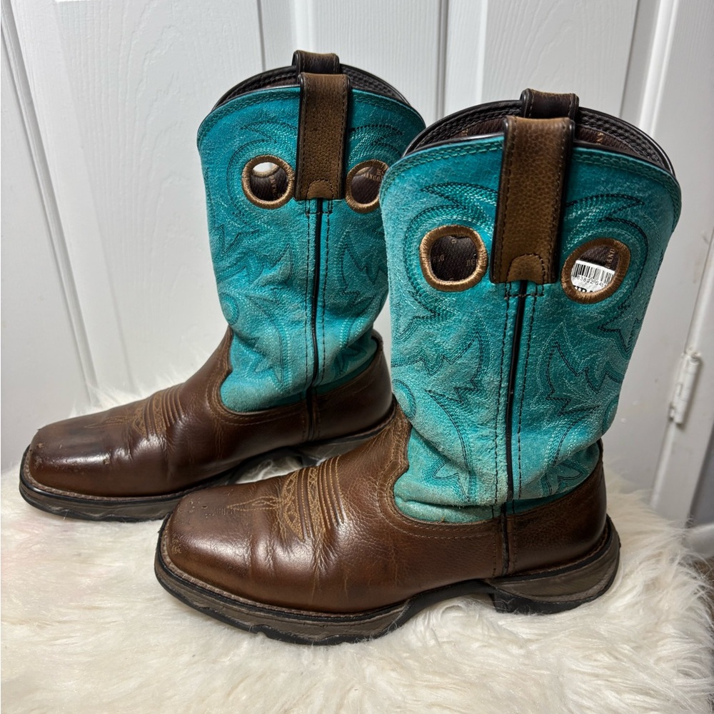 DURANGO WOMEN'S LADY REBEL BROWN AND TURQUOISE SQUARE STEEL TOE WORK BOOT